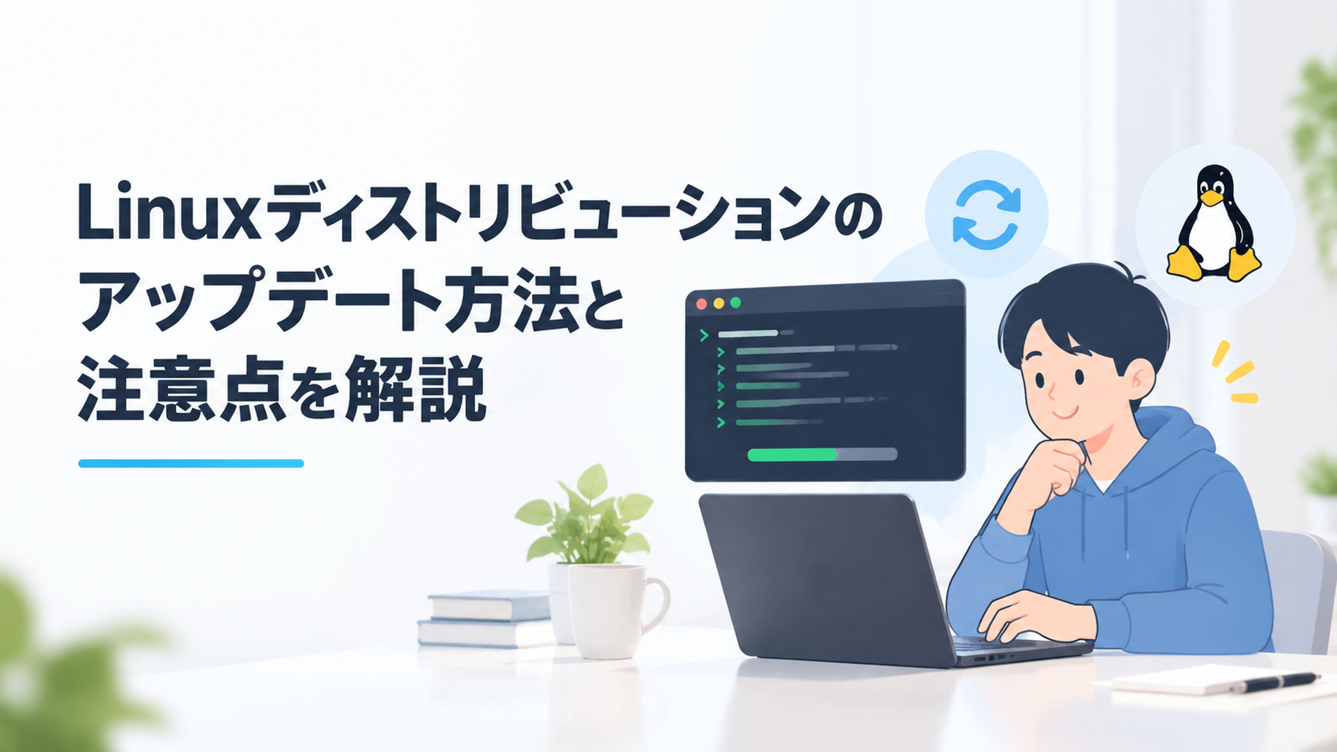 Linuxディストリビューションのアップデートをターミナル画面で確認する初心者向けイメージ