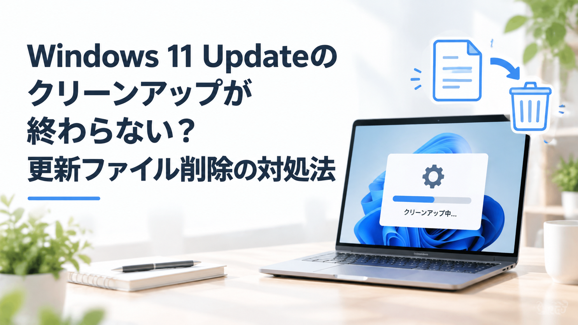 Windows 11パソコンの更新画面とクリーンアップ処理を確認するイメージ