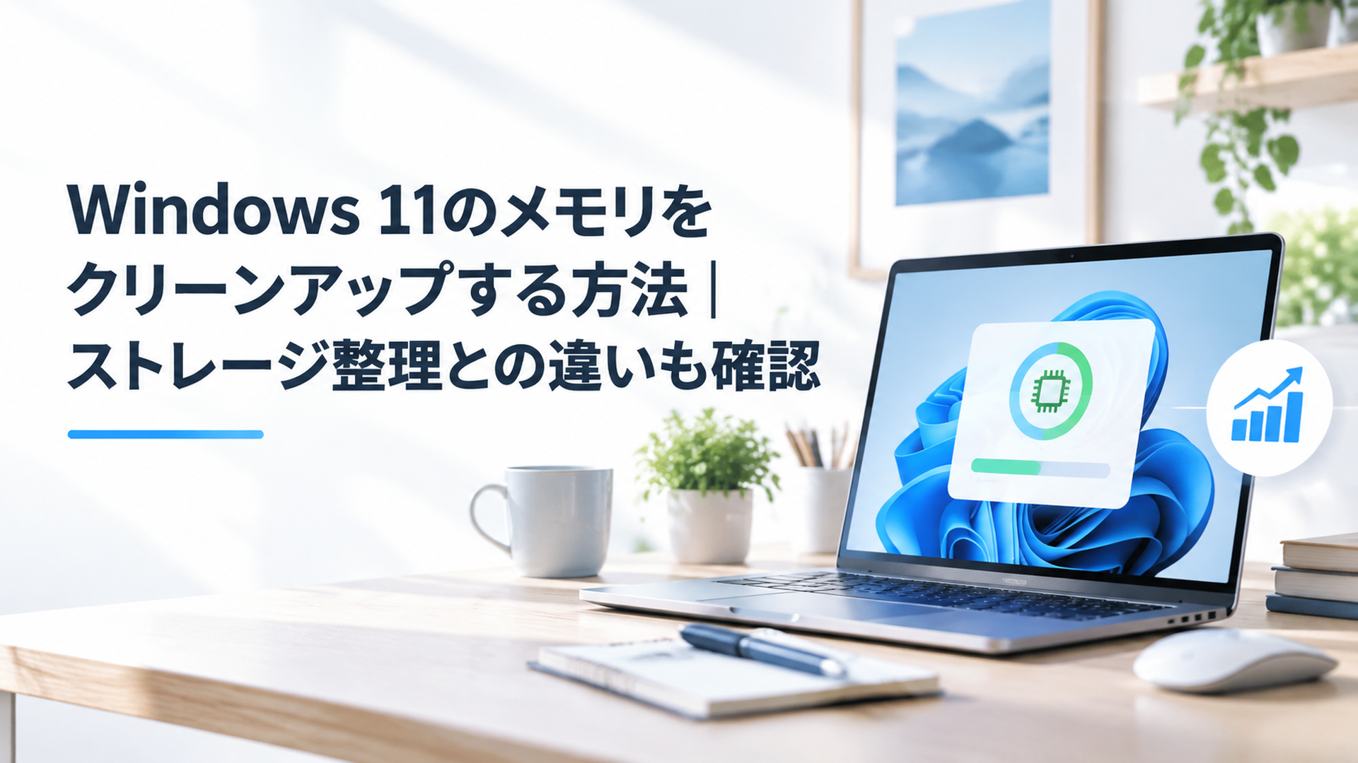 Windows 11パソコンのメモリ管理と動作改善をイメージした明るいデスク環境