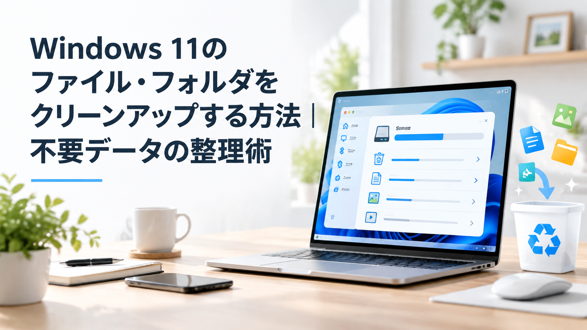 Windows 11の設定画面とストレージ整理を表現した明るいデスクトップイメージ