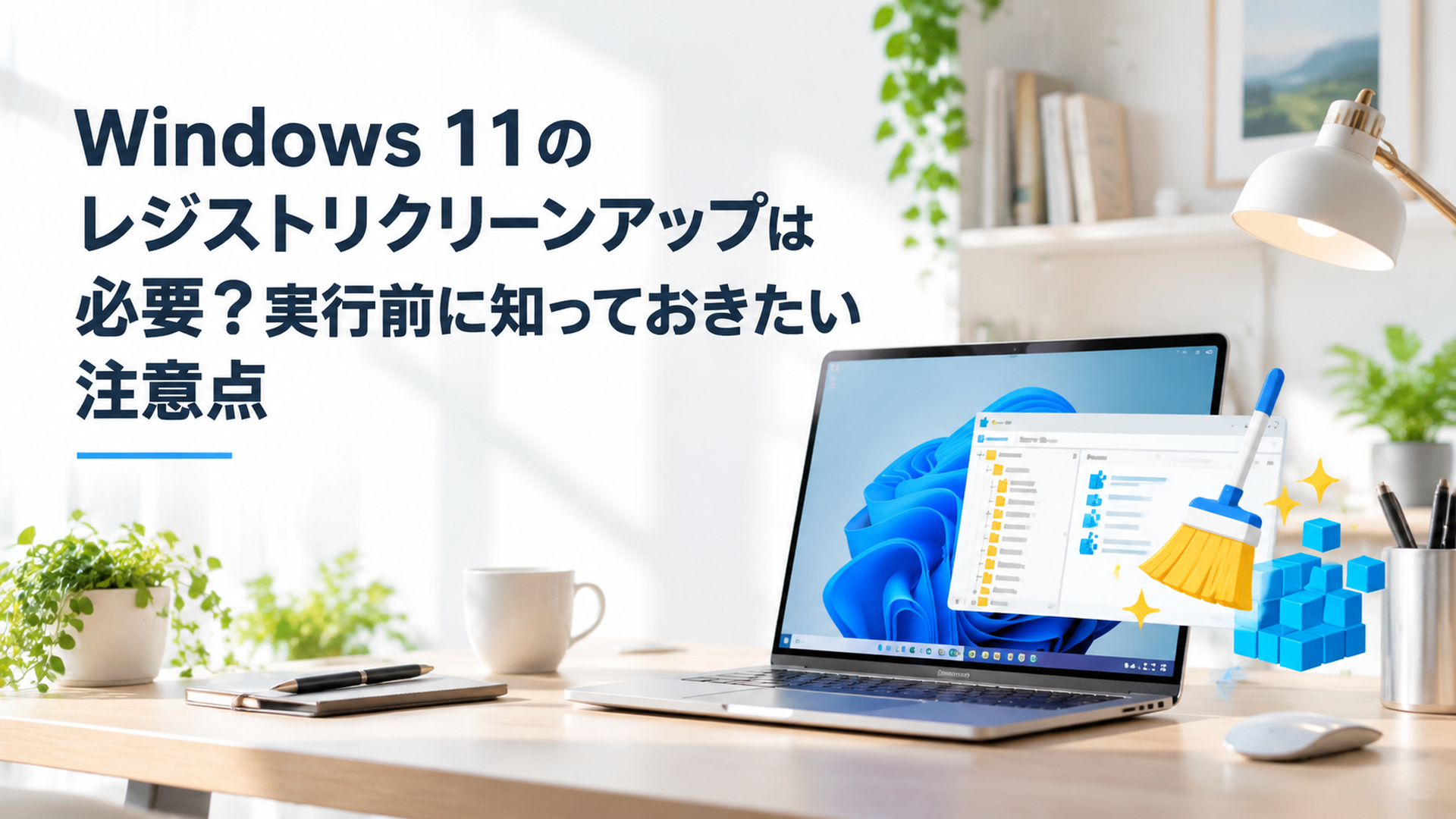 Windows 11パソコンとレジストリエディター、メンテナンス作業を表現した明るいデスク環境