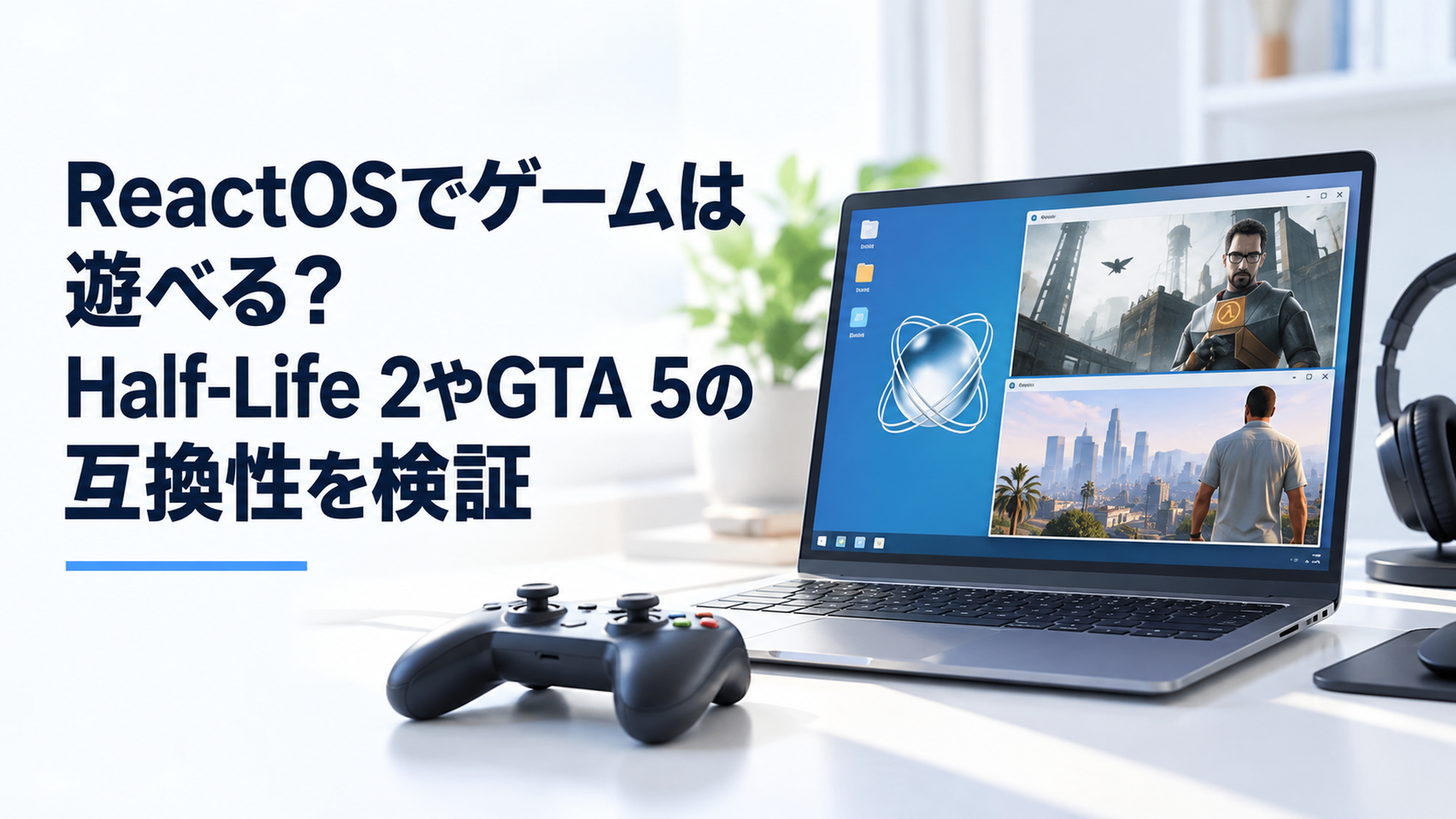 ReactOS上でHalf-Life 2を動かしGTA 5を含むWindowsゲームとの互換性を検証するイメージ