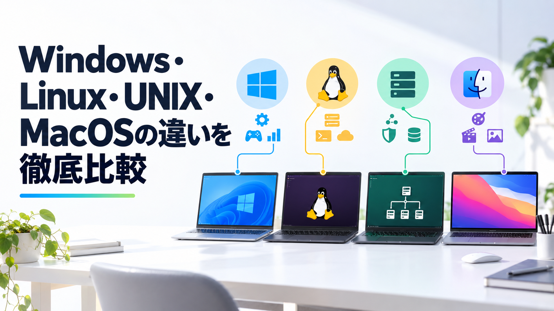 Windows・Linux・UNIX・macOSの系統とカーネルと用途の違いを4台のコンピューターで比較するイメージ