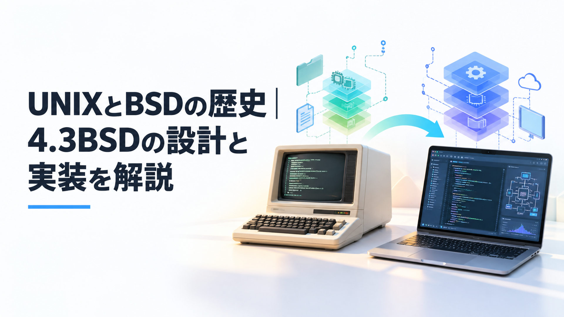 UNIXと4.3BSDの歴史とOS内部構造を古いコンピューターと現代のPCで表現したイメージ